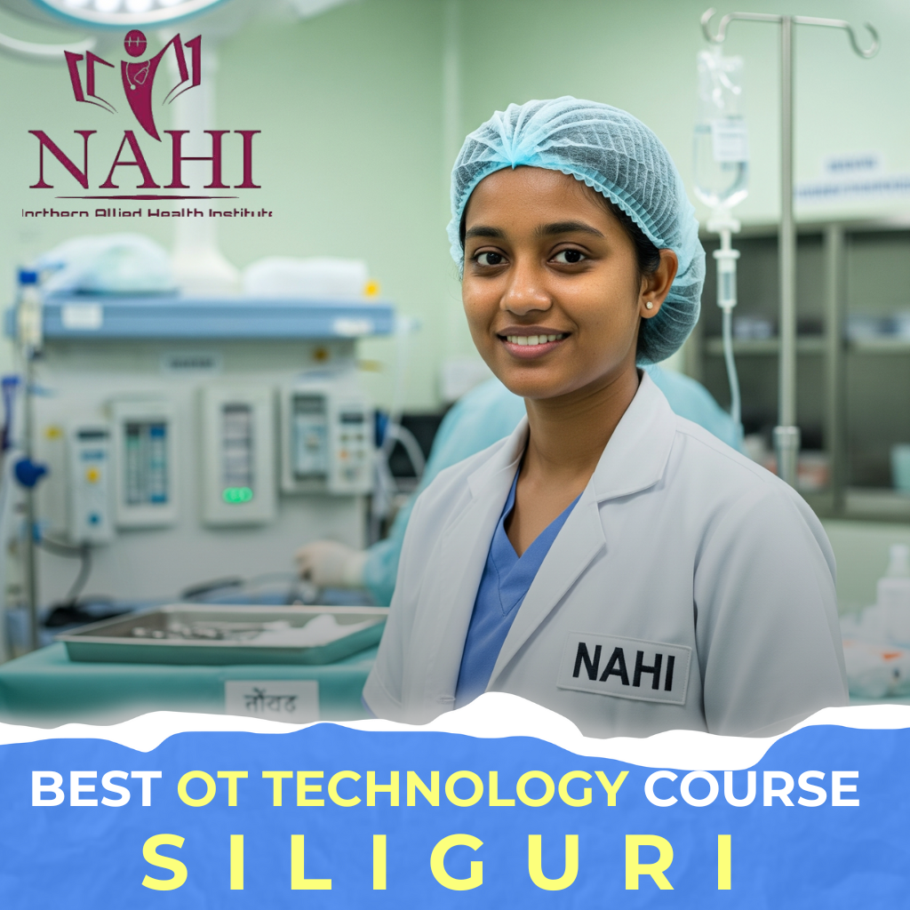 Young Indian OT technician in a surgical uniform standing confidently inside a modern operation theatre, assisting a senior surgeon during a procedure – representing NAHI’s best Operation Theatre Technology course in Siliguri.Operation Theatre Technology course in Siliguri